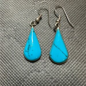 Vintage Bohemian Turquoise Earrings with Silver Metal Backing and French Loops